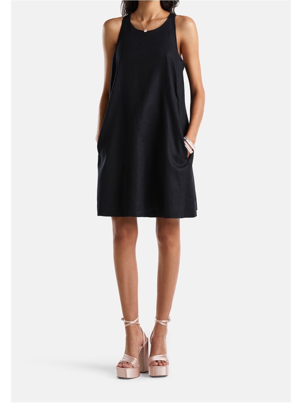 UNITED COLORS OF BENETTON Black Pure Linen Sleeveless A-Line Dress Size M